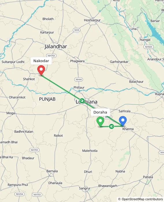 Route map showing distance and travel time from Doraha, India to Nakodar, India