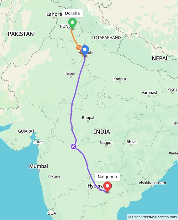Route map showing distance and travel time from Doraha, India to Nalgonda, India