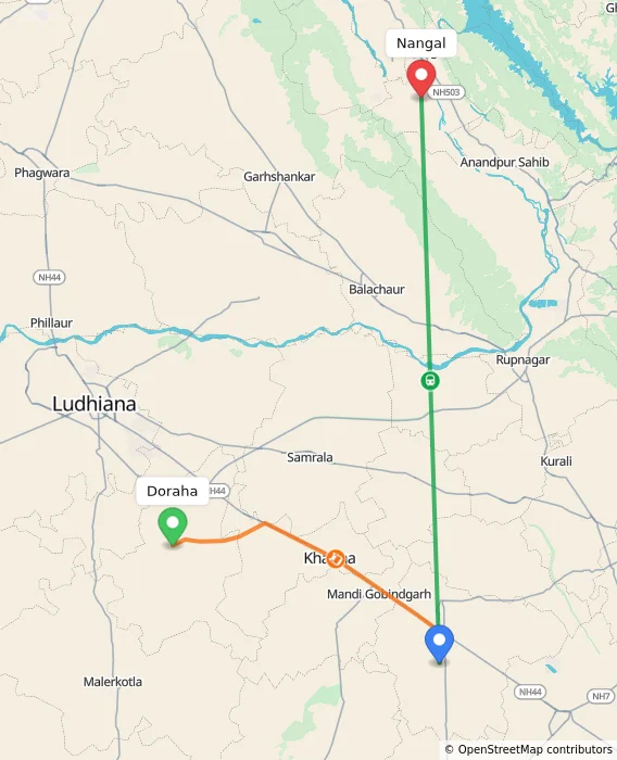 Route map showing distance and travel time from Doraha, India to Nangal, India