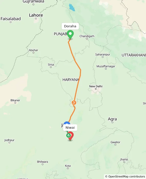Route map showing distance and travel time from Doraha, India to Niwai, India