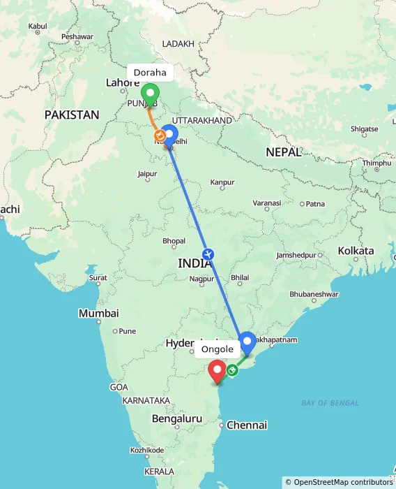 Route map showing distance and travel time from Doraha, India to Ongole, India