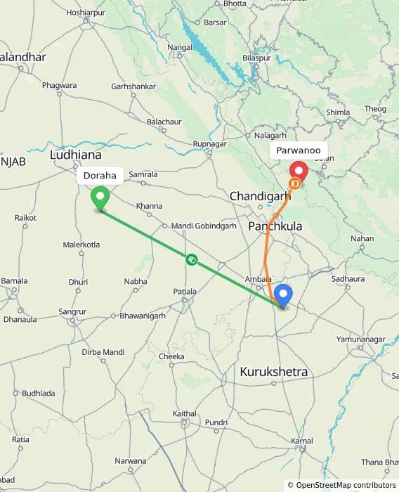 Route map showing distance and travel time from Doraha, India to Parwanoo, India