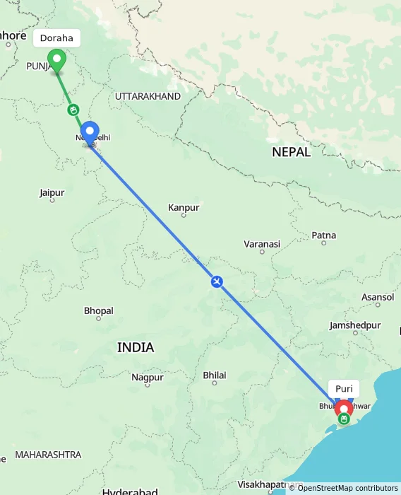 Route map showing distance and travel time from Doraha, India to Puri, India