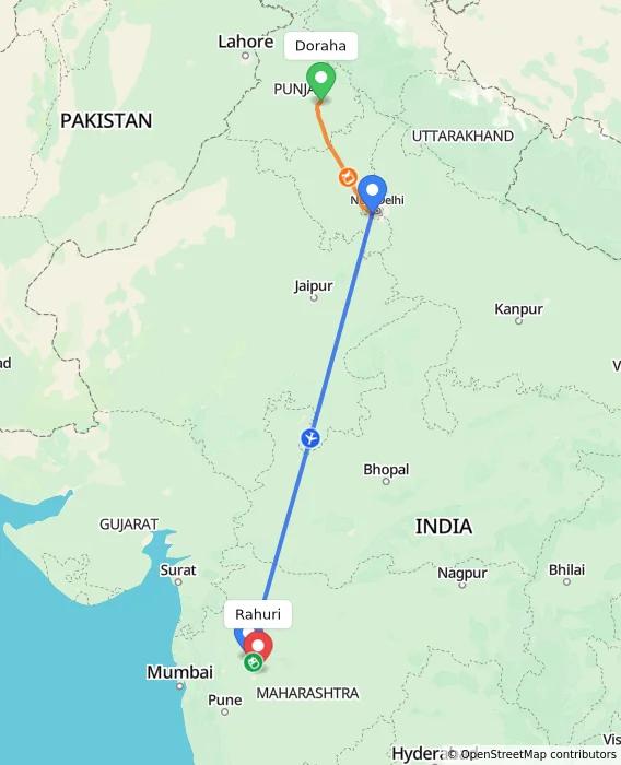 Route map showing distance and travel time from Doraha, India to Rahuri, India