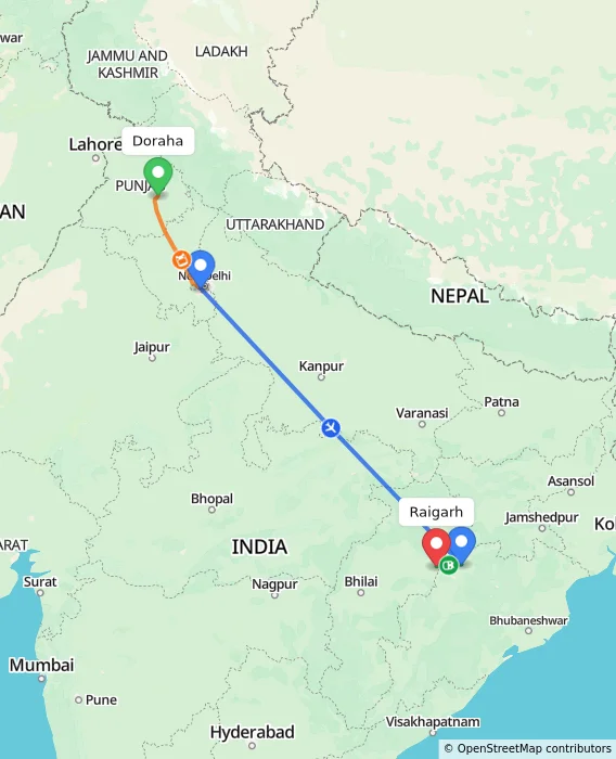 Route map showing distance and travel time from Doraha, India to Raigarh, India