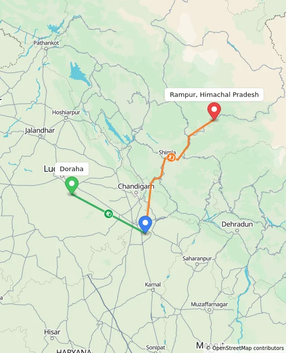 Route map showing distance and travel time from Doraha, India to Rampur, Himachal Pradesh, India