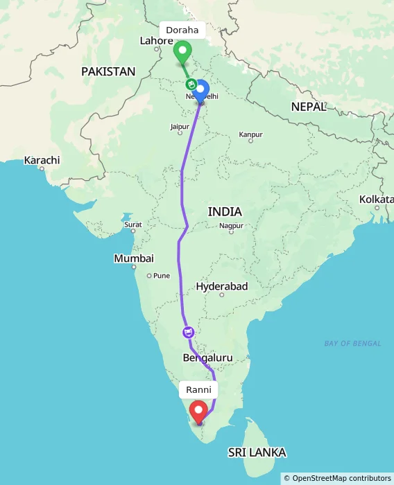 Route map showing distance and travel time from Doraha, India to Ranni, India