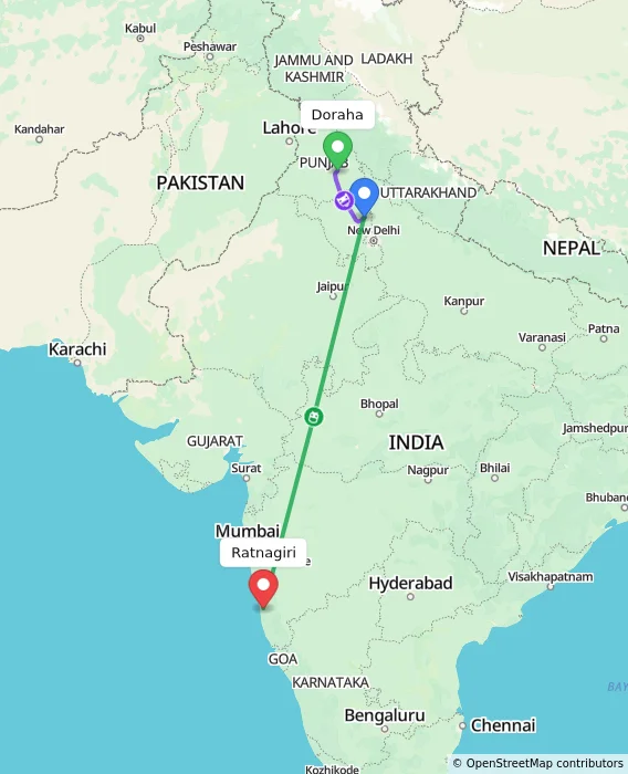 Route map showing distance and travel time from Doraha, India to Ratnagiri, India