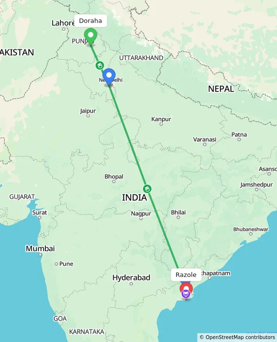 Route map showing distance and travel time from Doraha, India to Razole, India