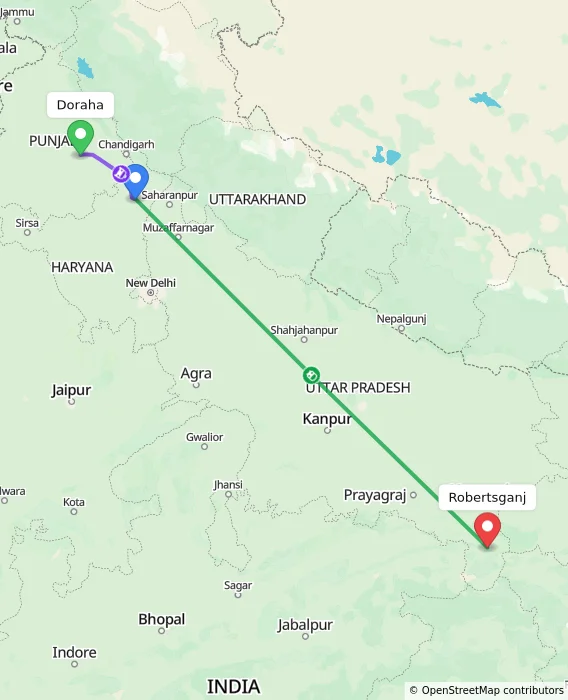 Route map showing distance and travel time from Doraha, India to Robertsganj, India