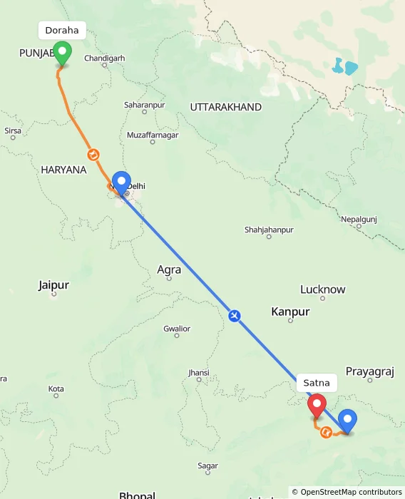 Route map showing distance and travel time from Doraha, India to Satna, India