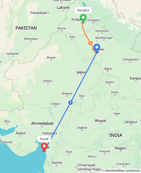 Route map showing distance and travel time from Doraha, India to Surat, India