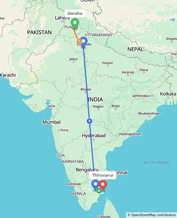 Route map showing distance and travel time from Doraha, India to Thiruvarur, India