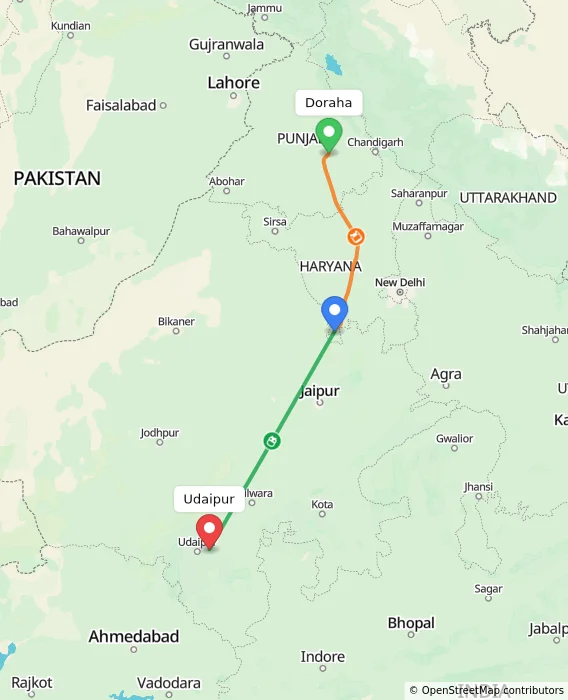 Route map showing distance and travel time from Doraha, India to Udaipur, India