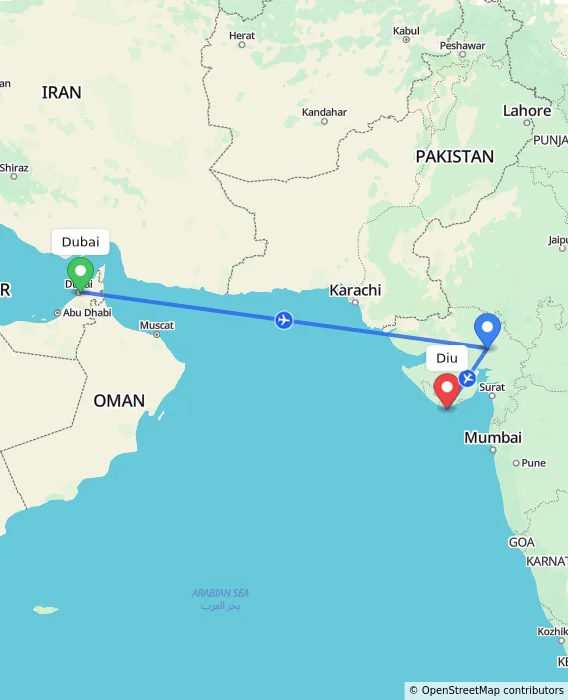 Route map showing distance and travel time from Dubai, United Arab Emirates to Diu, India
