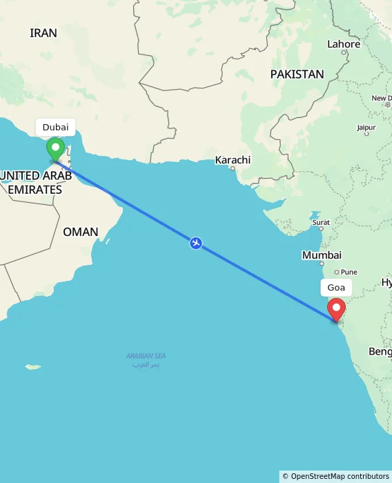 Route map showing distance and travel time from Dubai, United Arab Emirates to Goa, India