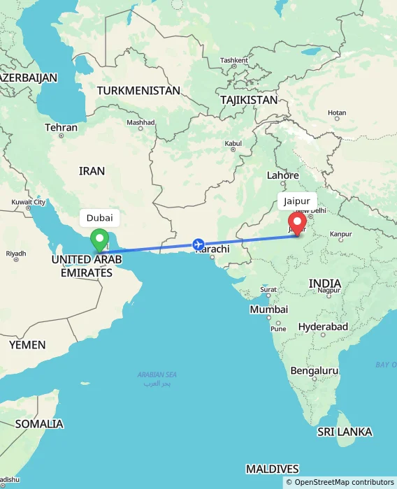 Route map showing distance and travel time from Dubai, United Arab Emirates to Jaipur, India
