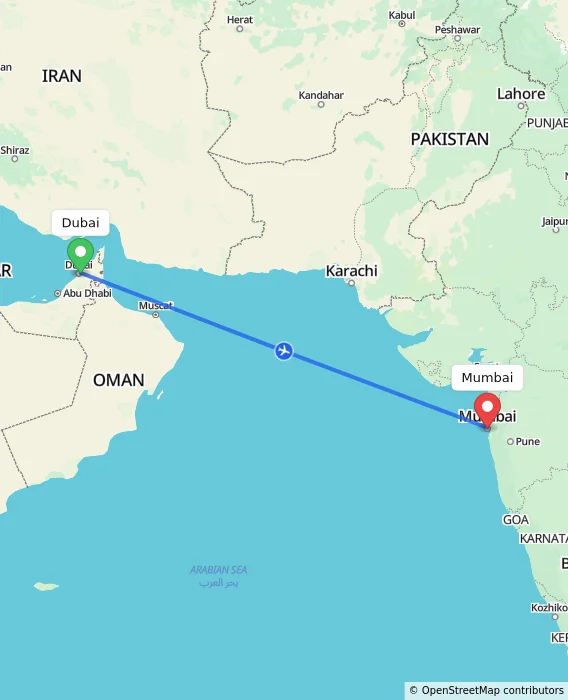 Route map showing distance and travel time from Dubai, United Arab Emirates to Mumbai, India