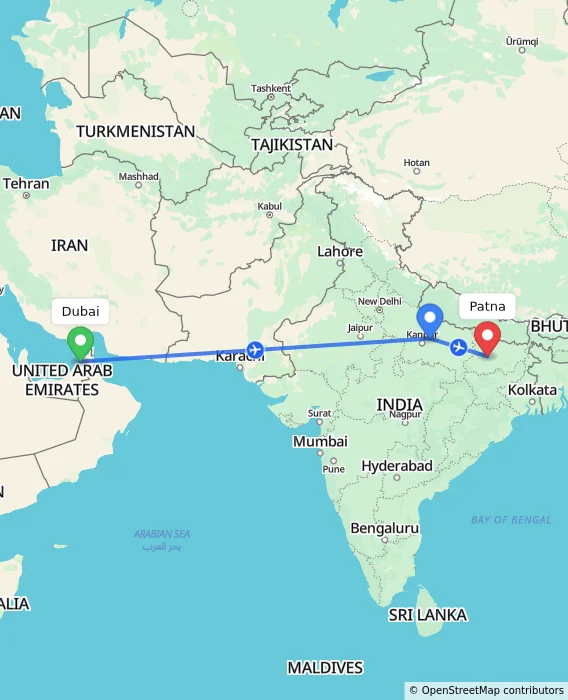 Route map showing distance and travel time from Dubai, United Arab Emirates to Patna, India