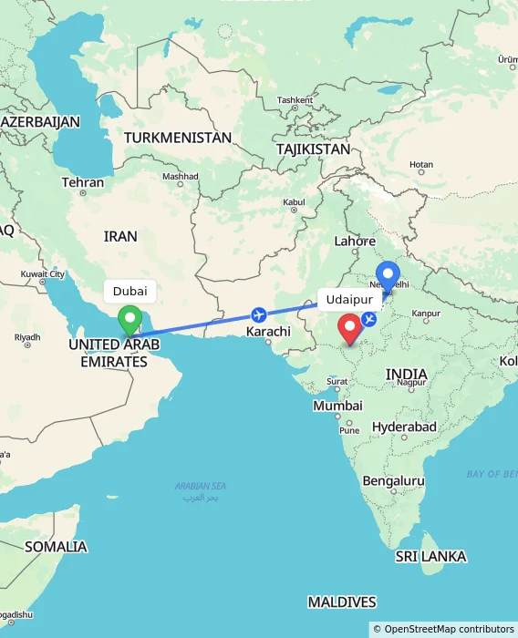 Route map showing distance and travel time from Dubai, United Arab Emirates to Udaipur, India