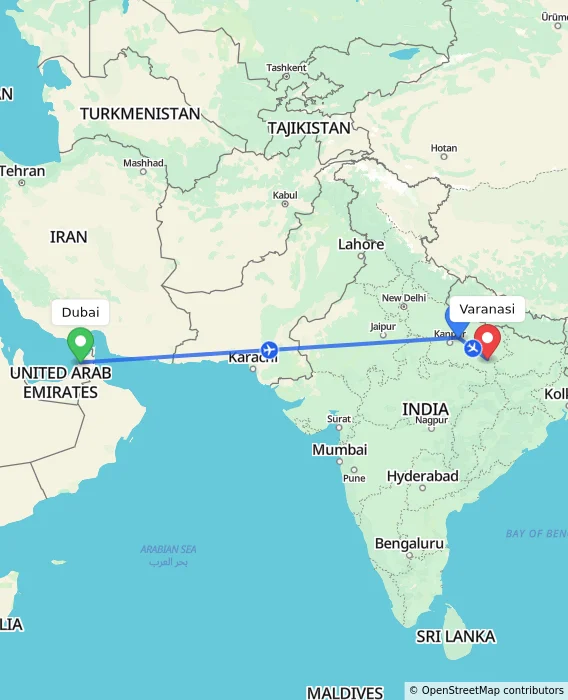 Route map showing distance and travel time from Dubai, United Arab Emirates to Varanasi, India