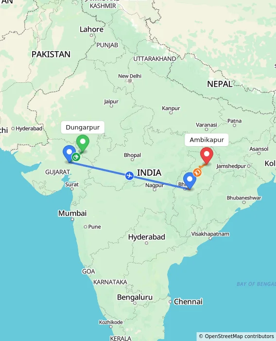 Route map showing distance and travel time from Dungarpur, India to Ambikapur, India