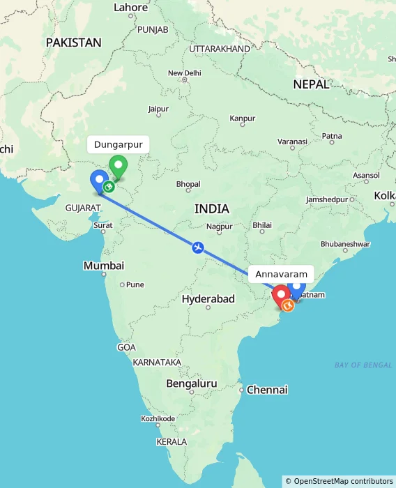 Route map showing distance and travel time from Dungarpur, India to Annavaram, India