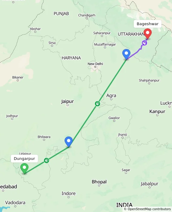 Route map showing distance and travel time from Dungarpur, India to Bageshwar, India