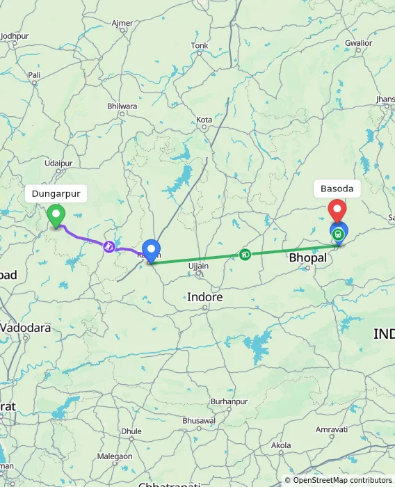 Route map showing distance and travel time from Dungarpur, India to Basoda, India
