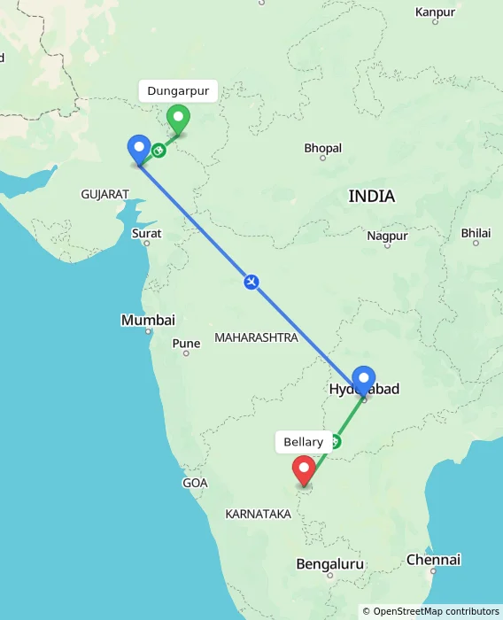 Route map showing distance and travel time from Dungarpur, India to Bellary, India