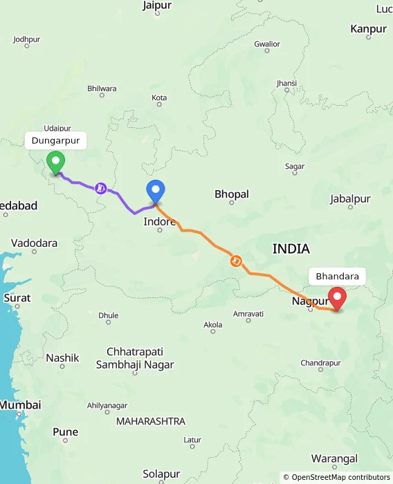 Route map showing distance and travel time from Dungarpur, India to Bhandara, India