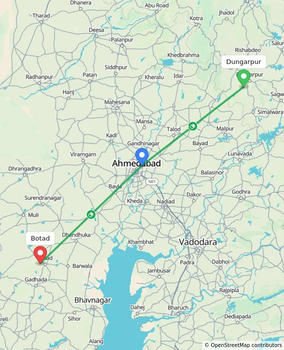 Route map showing distance and travel time from Dungarpur, India to Botad, India