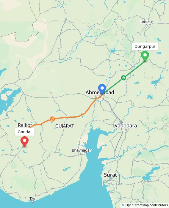 Route map showing distance and travel time from Dungarpur, India to Gondal, India