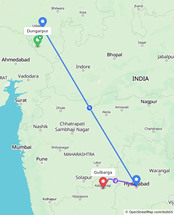 Route map showing distance and travel time from Dungarpur, India to Gulbarga, India