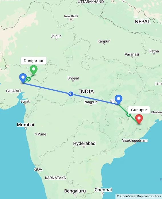 Route map showing distance and travel time from Dungarpur, India to Gunupur, India