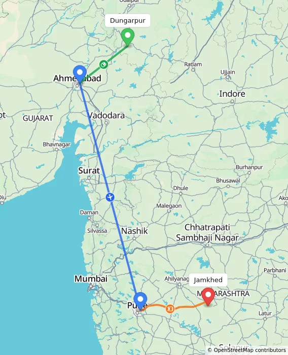 Route map showing distance and travel time from Dungarpur, India to Jamkhed, India