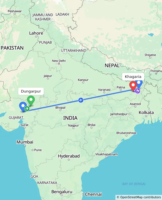 Route map showing distance and travel time from Dungarpur, India to Khagaria, India