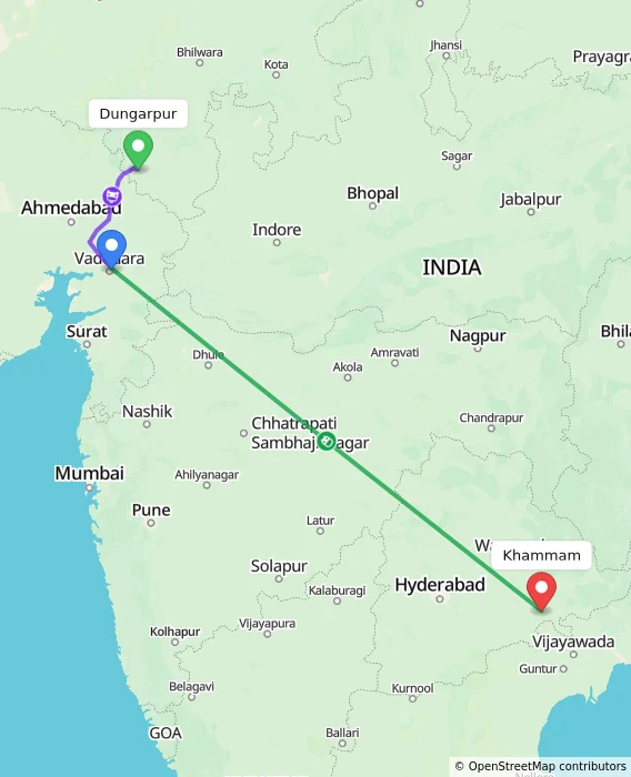 Route map showing distance and travel time from Dungarpur, India to Khammam, India