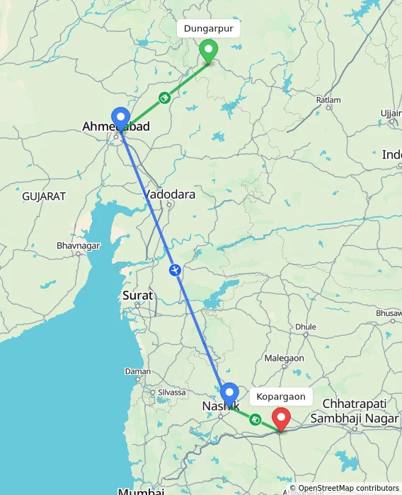 Route map showing distance and travel time from Dungarpur, India to Kopargaon, India