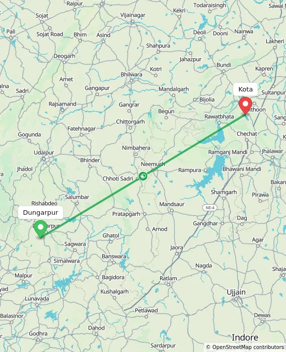 Route map showing distance and travel time from Dungarpur, India to Kota, India