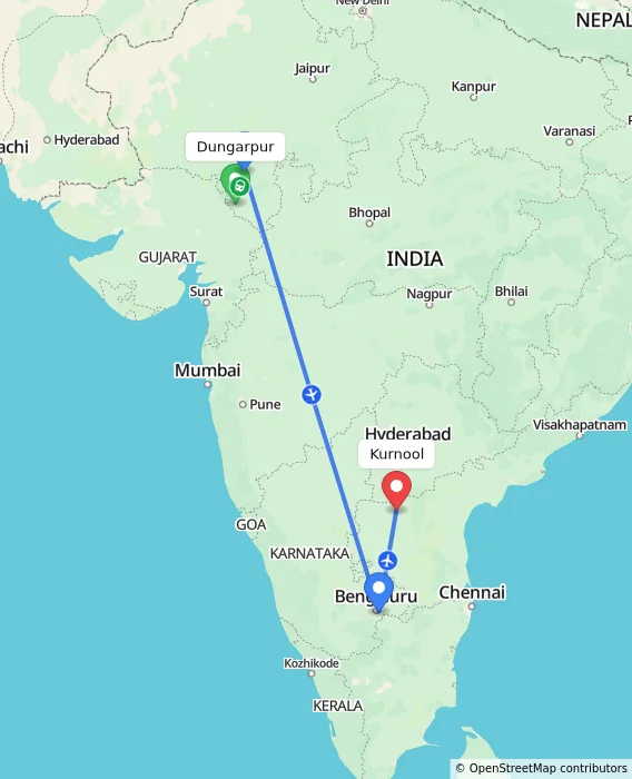Route map showing distance and travel time from Dungarpur, India to Kurnool, India
