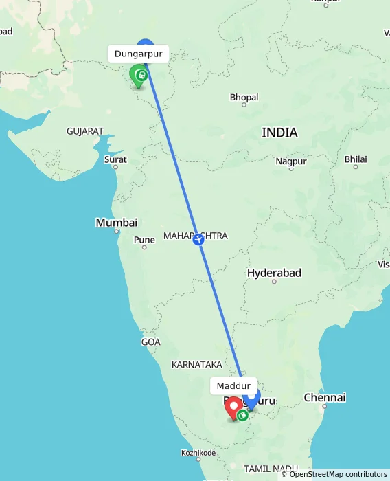 Route map showing distance and travel time from Dungarpur, India to Maddur, India