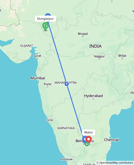 Route map showing distance and travel time from Dungarpur, India to Malur, India