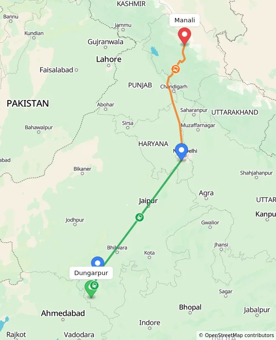 Route map showing distance and travel time from Dungarpur, India to Manali, India