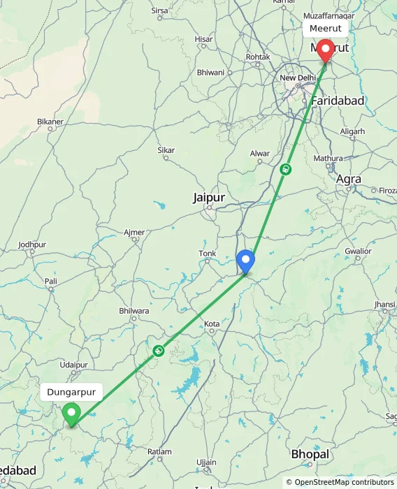 Route map showing distance and travel time from Dungarpur, India to Meerut, India