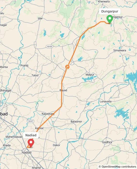 Route map showing distance and travel time from Dungarpur, India to Nadiad, India