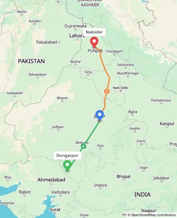Route map showing distance and travel time from Dungarpur, India to Nakodar, India
