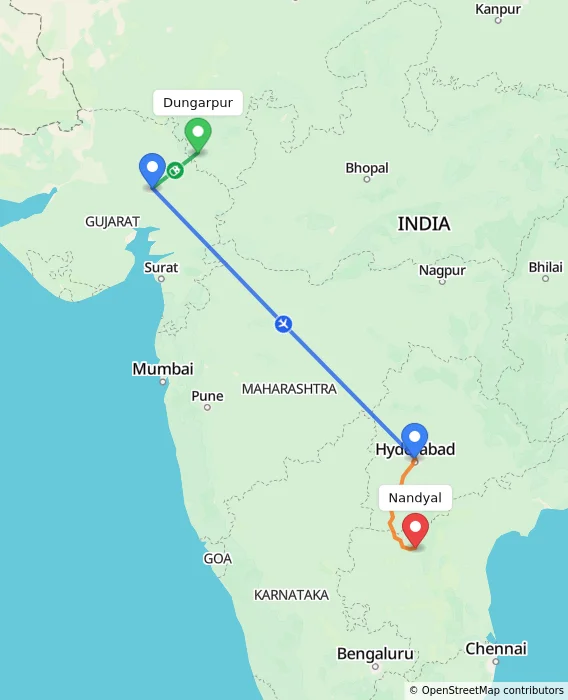 Route map showing distance and travel time from Dungarpur, India to Nandyal, India