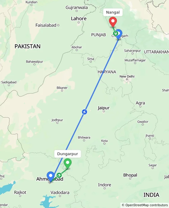 Route map showing distance and travel time from Dungarpur, India to Nangal, India