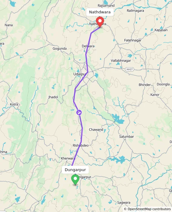 Route map showing distance and travel time from Dungarpur, India to Nathdwara, India